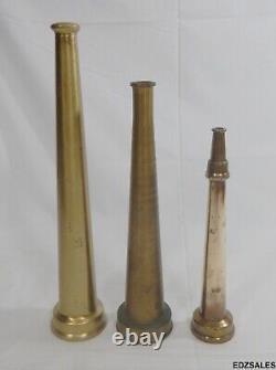 3 Vintage Brass Fire Firefighter Straight Nozzles 12, 10, 8.5