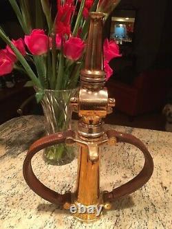 Antique American LaFrance 2 1/2 in. Brass fire nozzle / leather hds. 1919 Mfg