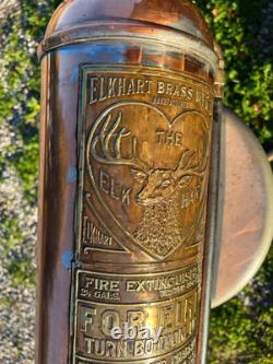 Antique Brass Elkhart Soda Acid Fire Extinguisher Large Elk Logo