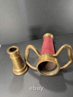 Antique Brass Fire Hose Nozzle with Red Grip & Handles, Threaded Coupling Antique Brass Fire Hose Nozzle with Red Grip & Handles, Threaded Coupling