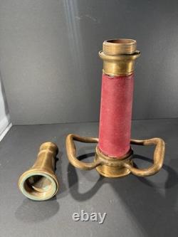 Antique Brass Fire Hose Nozzle with Red Grip & Handles, Threaded Coupling