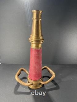 Antique Brass Fire Hose Nozzle with Red Grip & Handles, Threaded Coupling