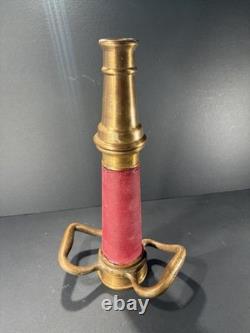Antique Brass Fire Hose Nozzle with Red Grip & Handles, Threaded Coupling