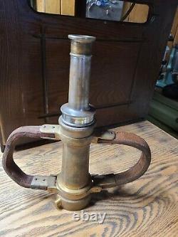 Antique Brass with Leather Handle Fire Hose Nozzle 1930s See All Details