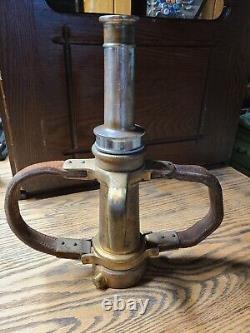 Antique Brass with Leather Handle Fire Hose Nozzle 1930s See All Details