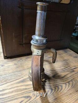 Antique Brass with Leather Handle Fire Hose Nozzle 1930s See All Details