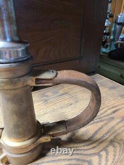 Antique Brass with Leather Handle Fire Hose Nozzle 1930s See All Details