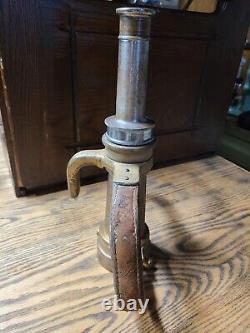 Antique Brass with Leather Handle Fire Hose Nozzle 1930s See All Details