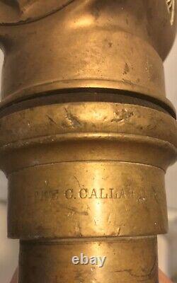 Antique C Callahan Deck Gun Fire Department Brass & Leather 25 Water Nozzle