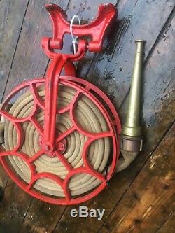 Antique Fire Hose Reel heavy duty fireman brass Nozzle very good condition