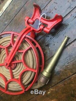 Antique Fire Hose Reel heavy duty fireman brass Nozzle very good condition