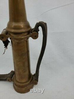 Antique Gold Brass Fire Nozzle With Leather Handles 15 Tall, Tip Unscrews Off