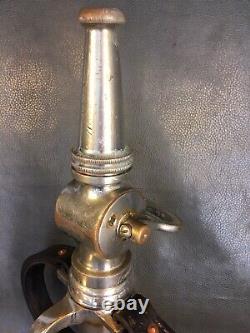 Antique LaFrance Lever shut off fire nozzle / Play Pipe, leather handles, 1919