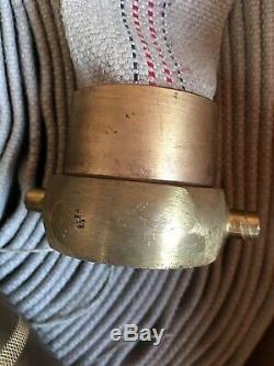 Canvas Fire Hose Striped Vintage 75 Feet With Brass Allen Ends & Nozzle