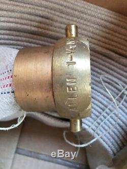 Canvas Fire Hose Striped Vintage 75 Feet With Brass Allen Ends & Nozzle