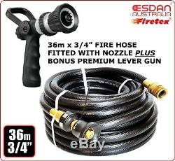 FIRE FIGHTING BLACK HOSE 20mm 3/4 x 36m COIL FITTED BRASS NOZZLE BONUS LEVER GUN