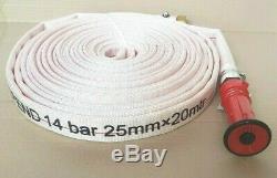 FIRE FIGHTING CANVAS LAY FLAT HOSE 25mm 1 x 20m NYLON POWERJET NOZZLE FITTED