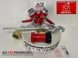 Fire hose, hydrant splitter vale, hydrant wrench, & fire hose nozzle water pump