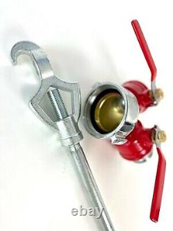 Fire hose, hydrant splitter vale, hydrant wrench, & fire hose nozzle water pump