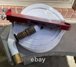 LOT-Vintage Fire Equipment Hose, Brass Nozzle and Croker Model A0051C Hose Rac