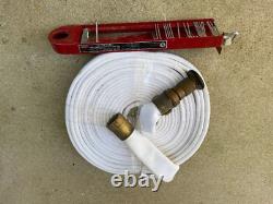 LOT-Vintage Fire Equipment Hose, Brass Nozzle and Croker Model A0051C Hose Rac