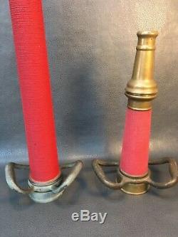 Lot Of Two Vintage Red Cord Brass Play Pipe Fire Nozzles 30 In. & 15 In