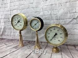 Lot of 3 vintage brass pressure gauges Mounted On (2) Vintage Fire nozzles