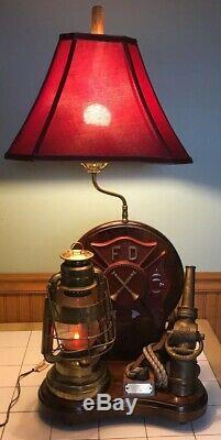 RARE VINTAGE Custom Fire Department Shade Lamp Americana Lantern Nozzle Plaque
