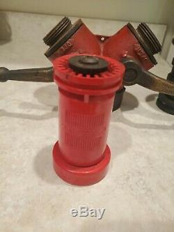 VINTAGE BRASS 2 WAY FIRE HOSE GATED with 2 Nozzles