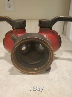 VINTAGE BRASS 2 WAY FIRE HOSE GATED with 2 Nozzles