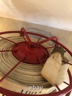 VINTAGE Fire Hose 100' with Reel and Hose Attachment Approx 23 Height Total