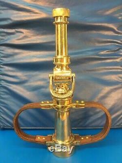 Vintage 21/2 In. Larkin 18in. Leather Handle Polished Brass Fire Nozzle