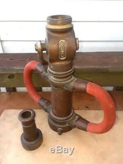 Vintage AKRON Brass 1939 NOLEAK Fire Fire Nozzle On / Off Valve w Red Handles