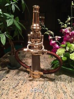 Vintage Akron Brass 21/2 In. Leather Hd. Fire Nozzle With Akron Shut Off & Tip