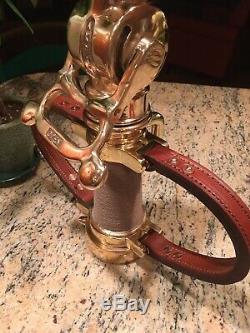Vintage Akron Brass 21/2 In. Leather Hd. Fire Nozzle With Akron Shut Off & Tip