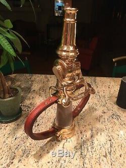 Vintage Akron Brass 21/2 In. Leather Hd. Fire Nozzle With Akron Shut Off & Tip