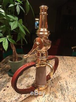 Vintage Akron Brass 21/2 In. Leather Hd. Fire Nozzle With Akron Shut Off & Tip