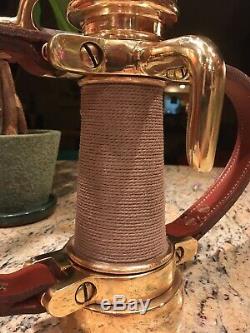 Vintage Akron Brass 21/2 In. Leather Hd. Fire Nozzle With Akron Shut Off & Tip