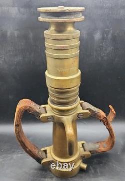 Vintage Akron Brass Fire Nozzle 15.25 Dual Leather Handles Patent 2127188