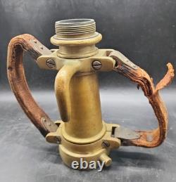 Vintage Akron Brass Fire Nozzle 15.25 Dual Leather Handles Patent 2127188