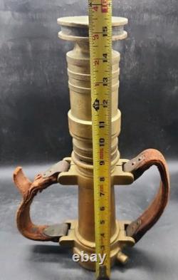 Vintage Akron Brass Fire Nozzle 15.25 Dual Leather Handles Patent 2127188