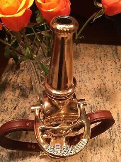 Vintage Brass 21/2 In. Leather Handle Fire Nozzle, Polished And Detailed