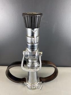 Vintage Chrome 21/2 In Buckeye Playpipe Fire Nozzle With Leather Strap Handles