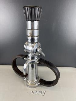 Vintage Chrome 21/2 In Buckeye Playpipe Fire Nozzle With Leather Strap Handles