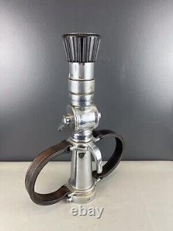 Vintage Chrome 21/2 In Buckeye Playpipe Fire Nozzle With Leather Strap Handles