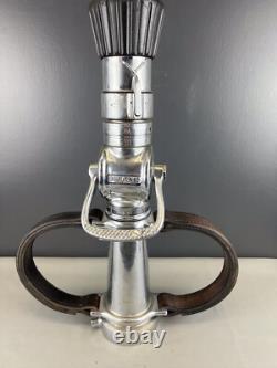 Vintage Chrome 21/2 In Buckeye Playpipe Fire Nozzle With Leather Strap Handles