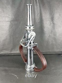 Vintage Chrome Seagrave 2 1/2 In. Play Pipe Fire Nozzle W Leather Hds, Akron