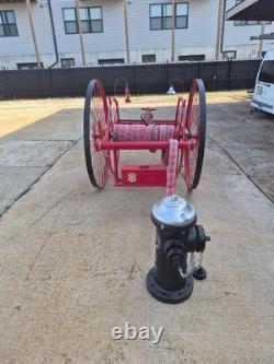 Vintage Fire Hose Reel Cart with Underwriters Nozzle, Axe, And Fire Hydrant