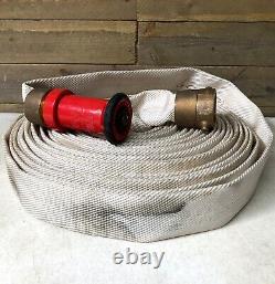 Vintage Firehose 1 1/2 Inch x 50' with Fire Nozzle Powhatan Brass NST Fittings