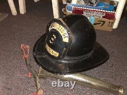 Vintage Fireman's Safety Helmet, & Tool & 12 Fire-Nozzle Pre-1960 NJ Fire Dpt